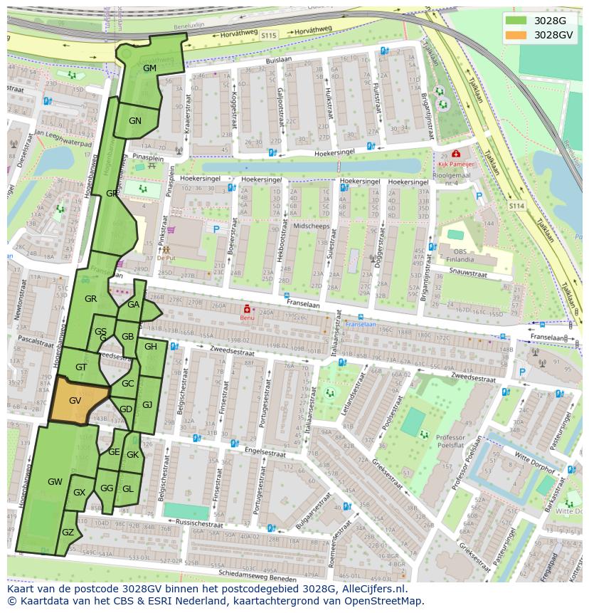 Afbeelding van het postcodegebied 3028 GV op de kaart.