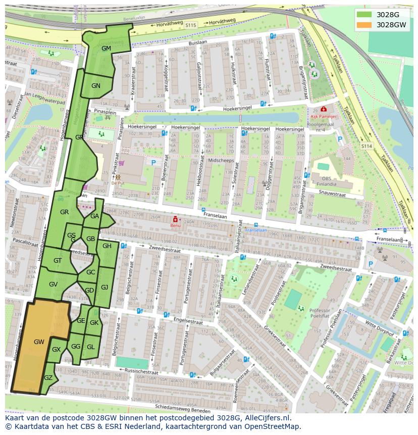 Afbeelding van het postcodegebied 3028 GW op de kaart.