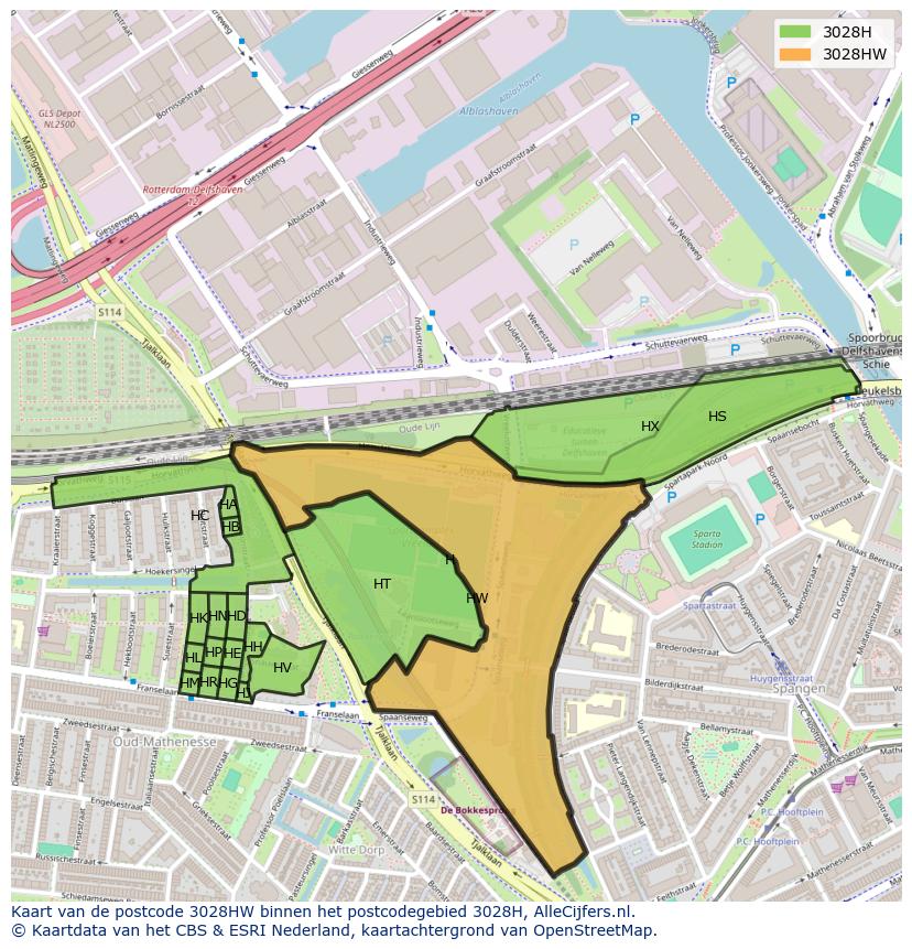 Afbeelding van het postcodegebied 3028 HW op de kaart.