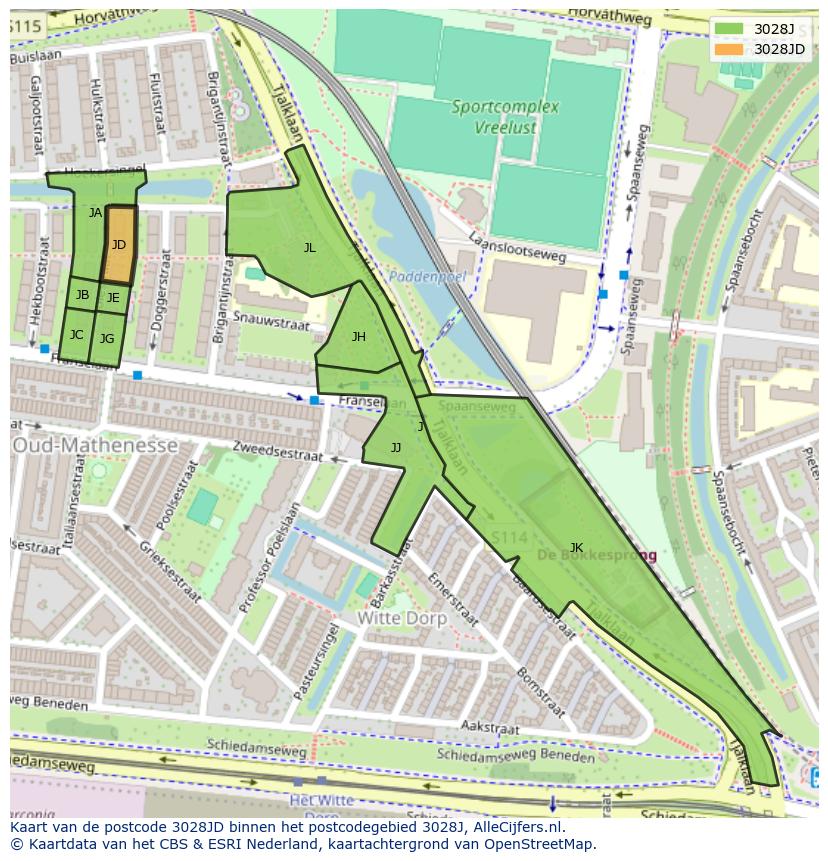 Afbeelding van het postcodegebied 3028 JD op de kaart.