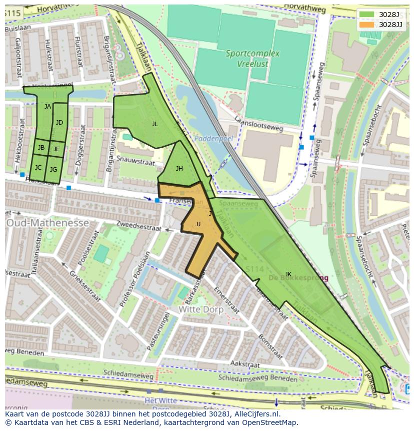 Afbeelding van het postcodegebied 3028 JJ op de kaart.