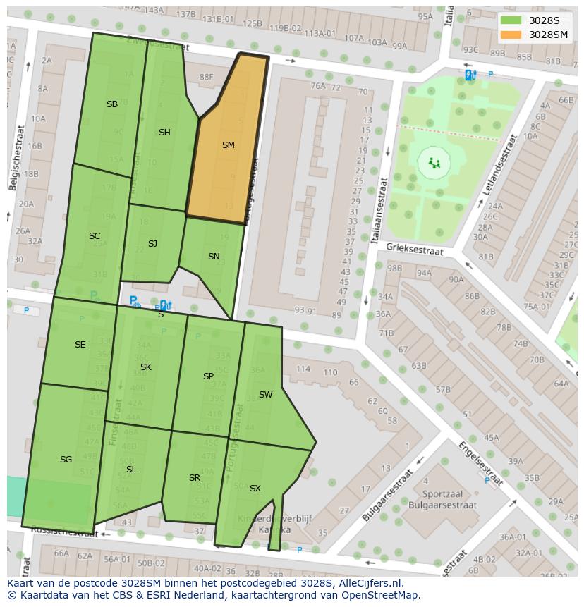 Afbeelding van het postcodegebied 3028 SM op de kaart.