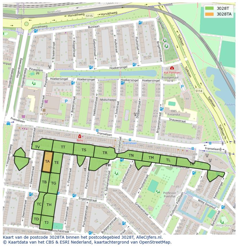 Afbeelding van het postcodegebied 3028 TA op de kaart.
