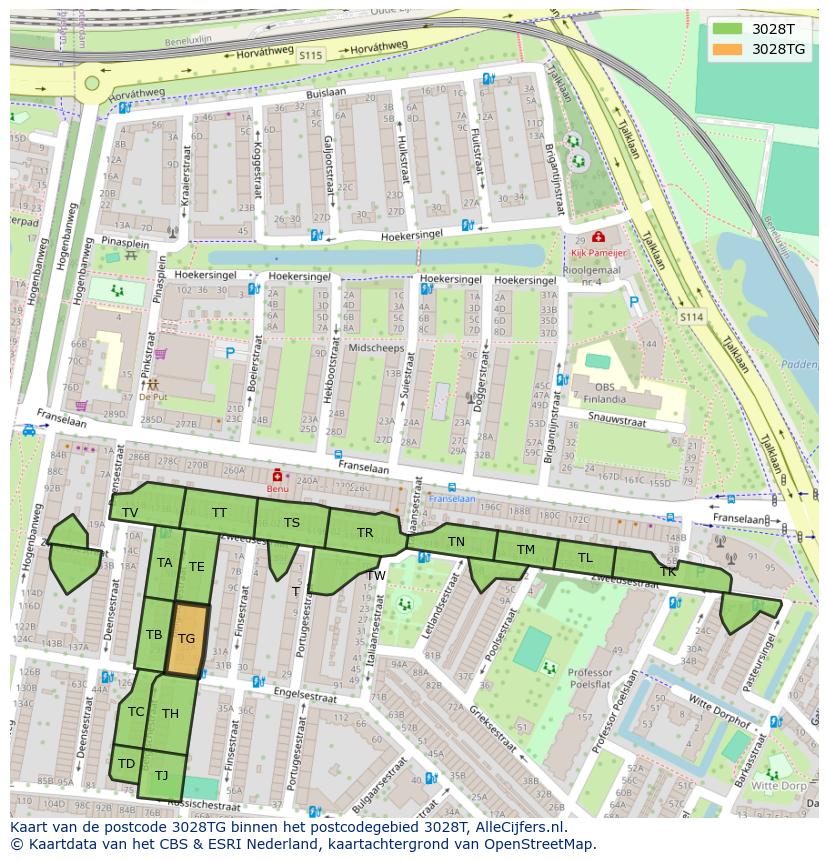 Afbeelding van het postcodegebied 3028 TG op de kaart.