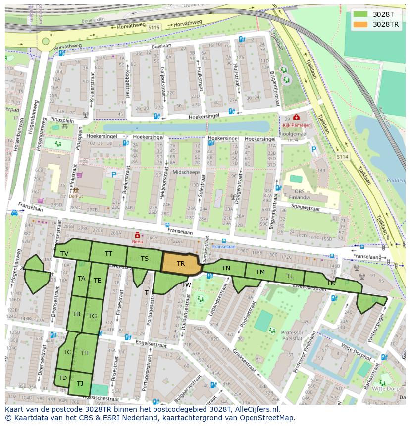 Afbeelding van het postcodegebied 3028 TR op de kaart.