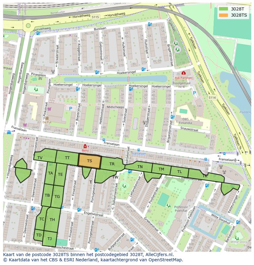 Afbeelding van het postcodegebied 3028 TS op de kaart.