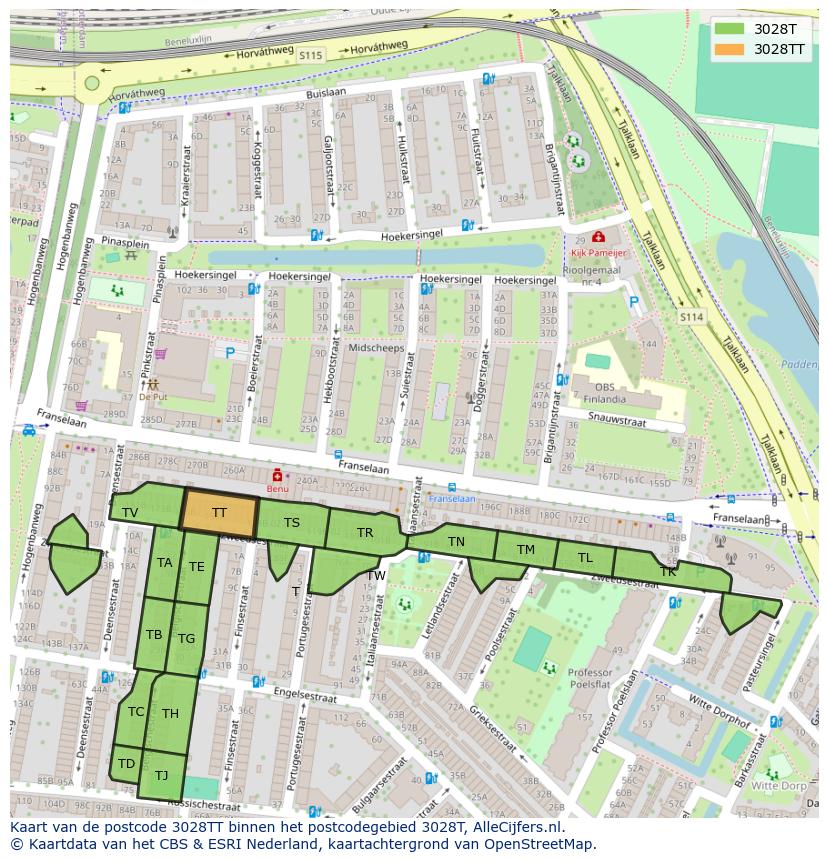 Afbeelding van het postcodegebied 3028 TT op de kaart.