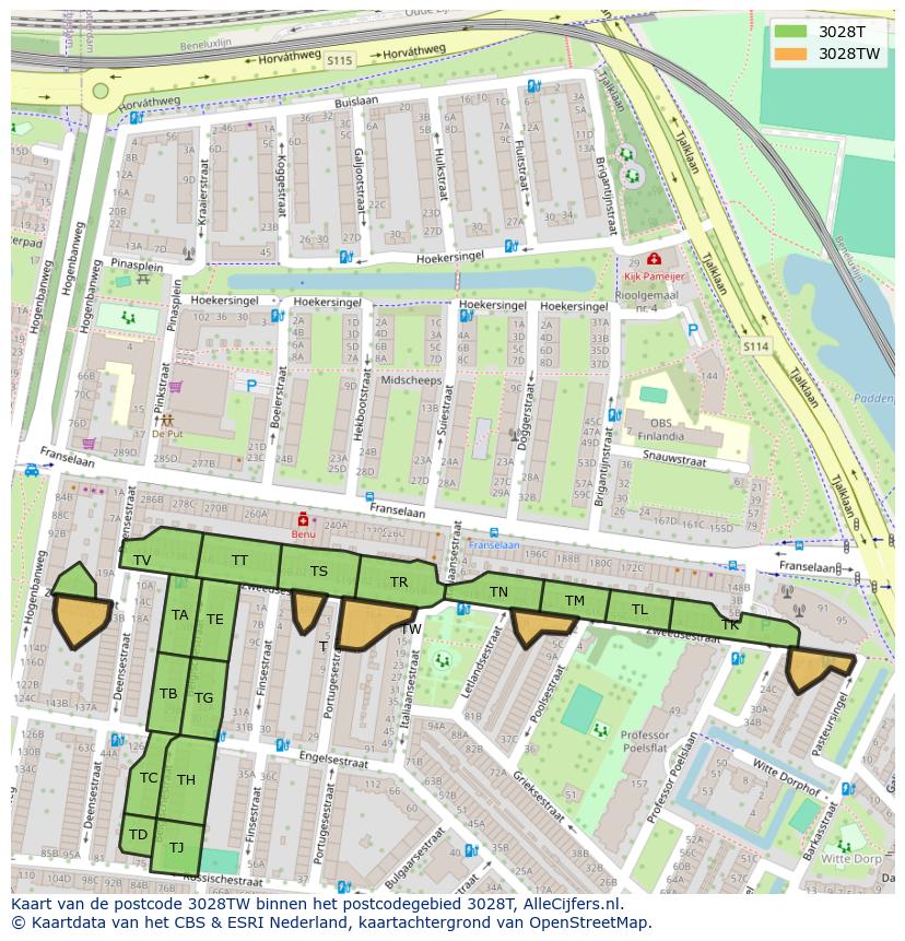 Afbeelding van het postcodegebied 3028 TW op de kaart.