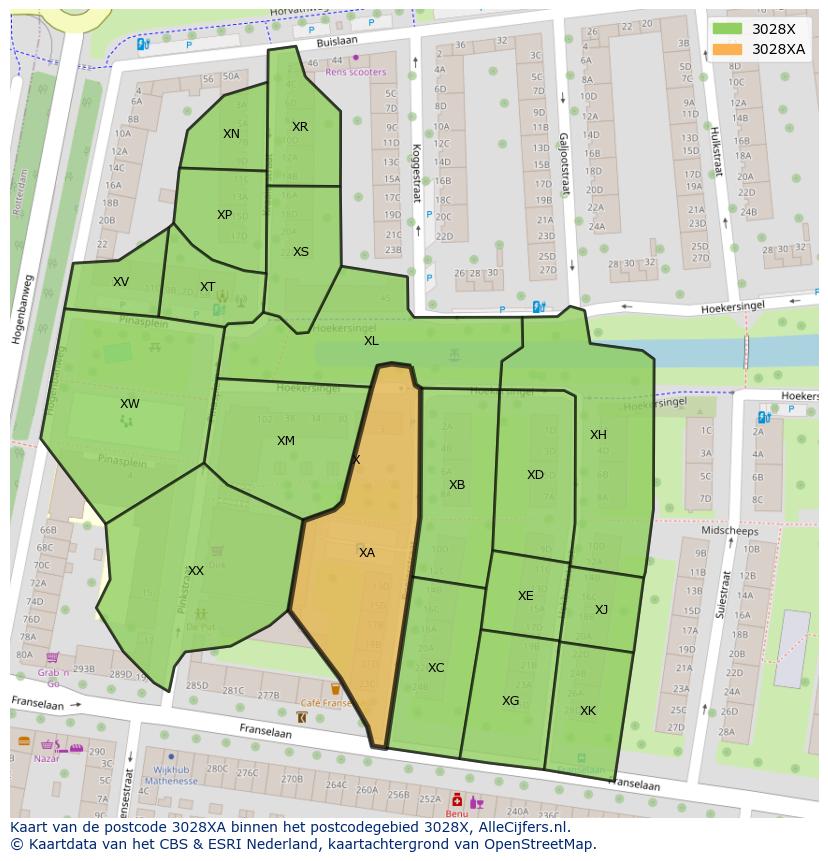 Afbeelding van het postcodegebied 3028 XA op de kaart.