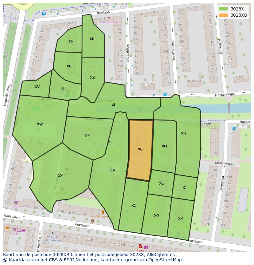 Afbeelding van het postcodegebied 3028 XB op de kaart.