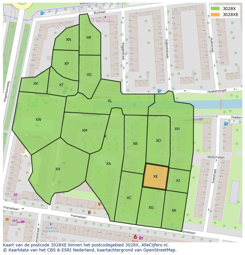 Afbeelding van het postcodegebied 3028 XE op de kaart.