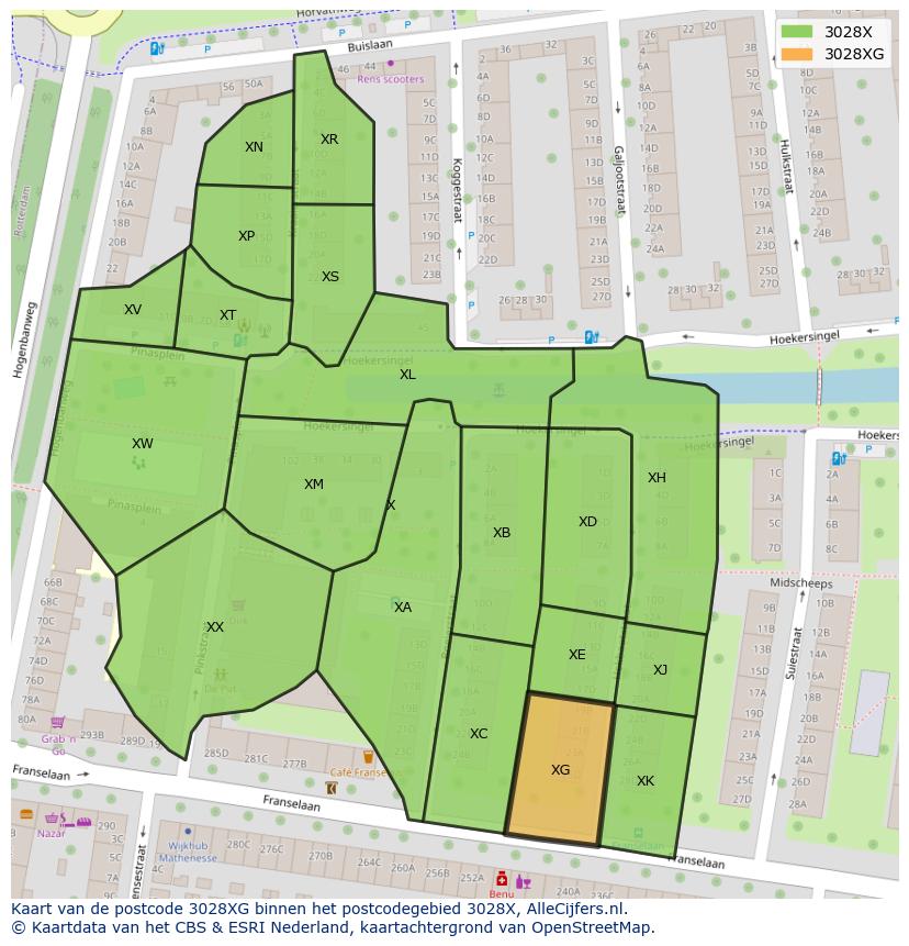Afbeelding van het postcodegebied 3028 XG op de kaart.