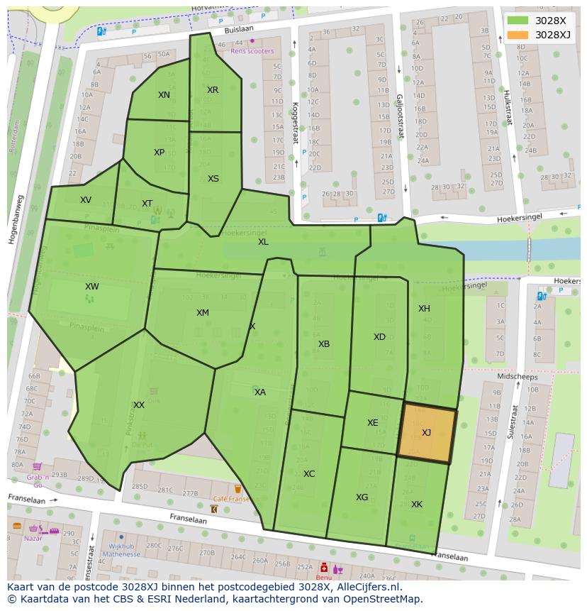 Afbeelding van het postcodegebied 3028 XJ op de kaart.