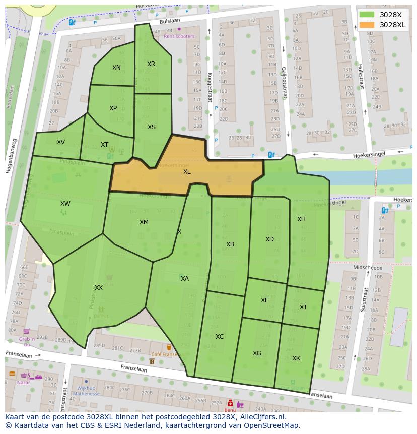 Afbeelding van het postcodegebied 3028 XL op de kaart.