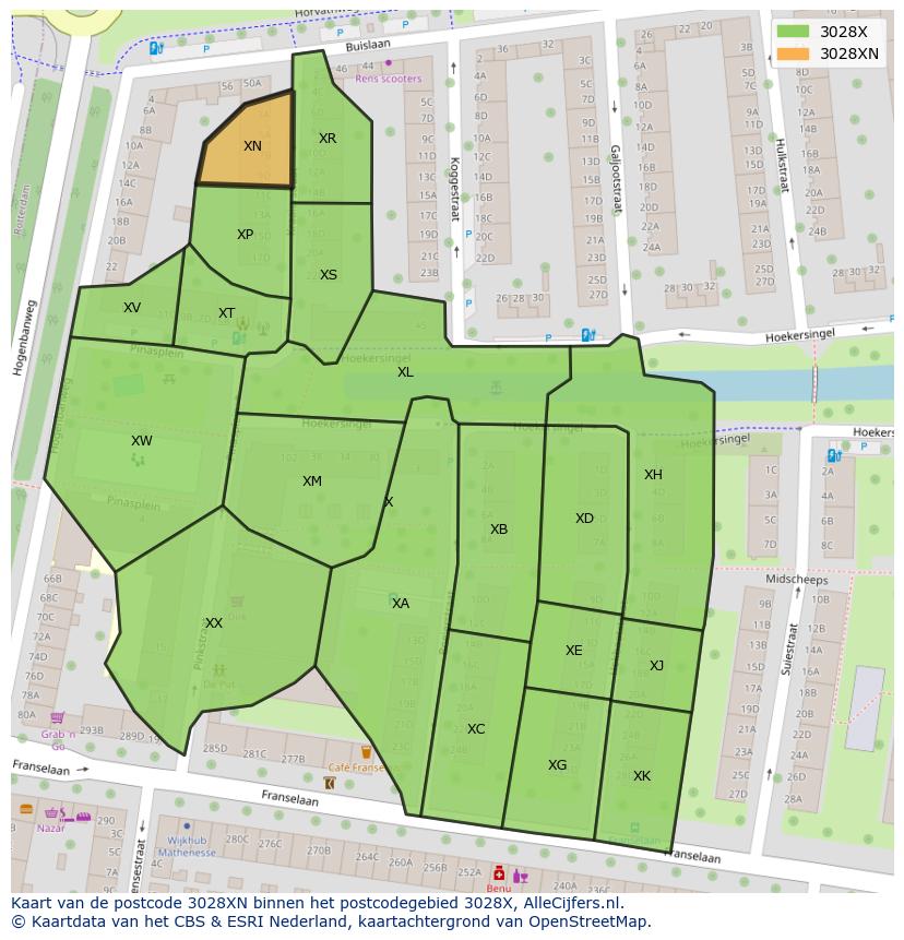 Afbeelding van het postcodegebied 3028 XN op de kaart.