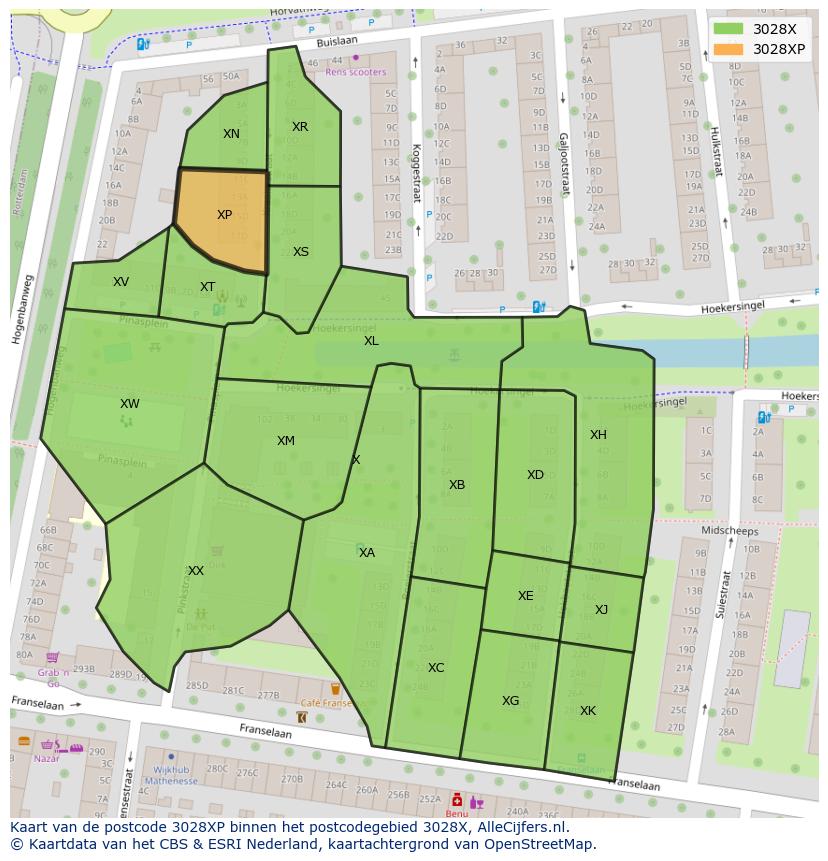 Afbeelding van het postcodegebied 3028 XP op de kaart.