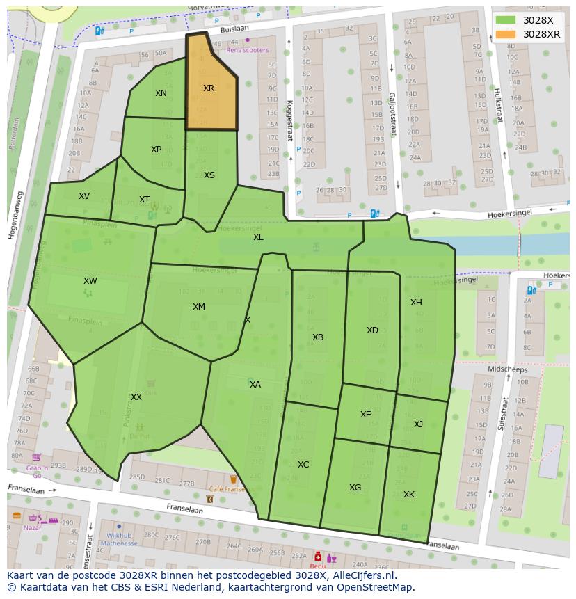Afbeelding van het postcodegebied 3028 XR op de kaart.