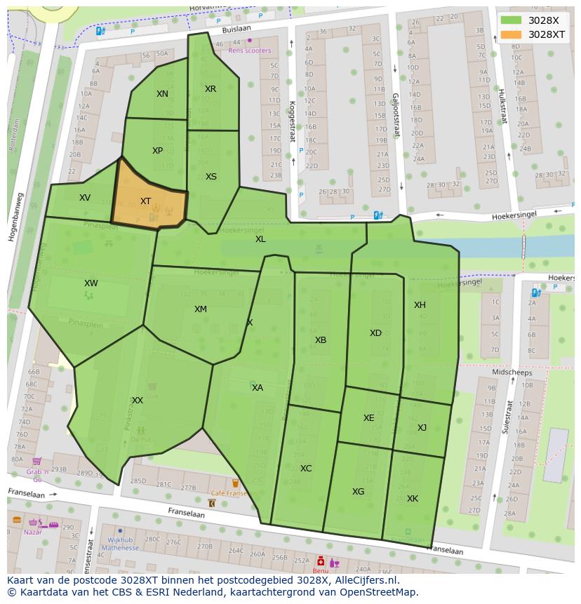 Afbeelding van het postcodegebied 3028 XT op de kaart.