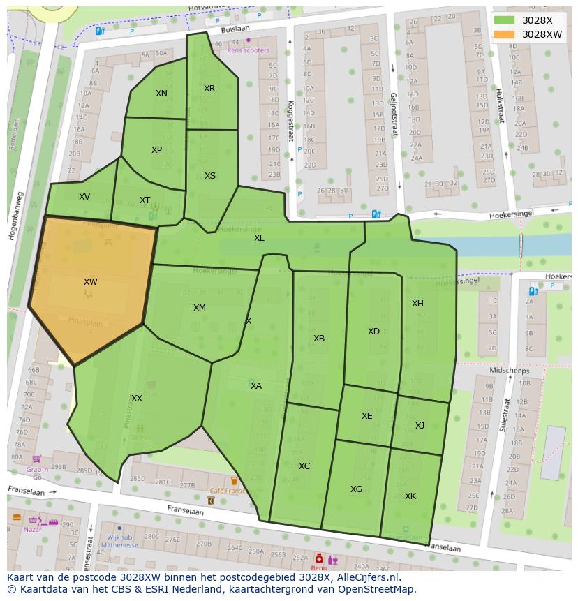 Afbeelding van het postcodegebied 3028 XW op de kaart.