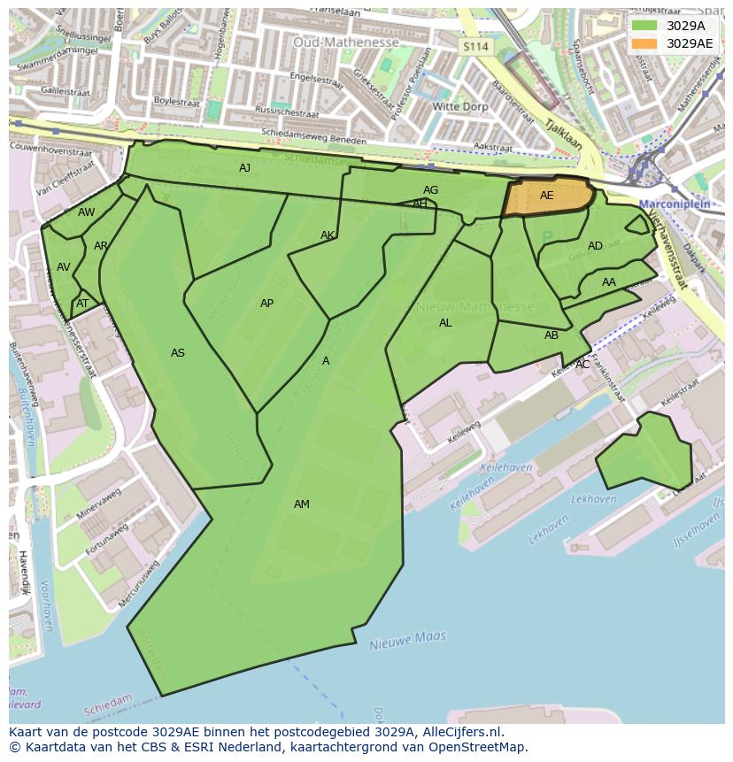 Afbeelding van het postcodegebied 3029 AE op de kaart.