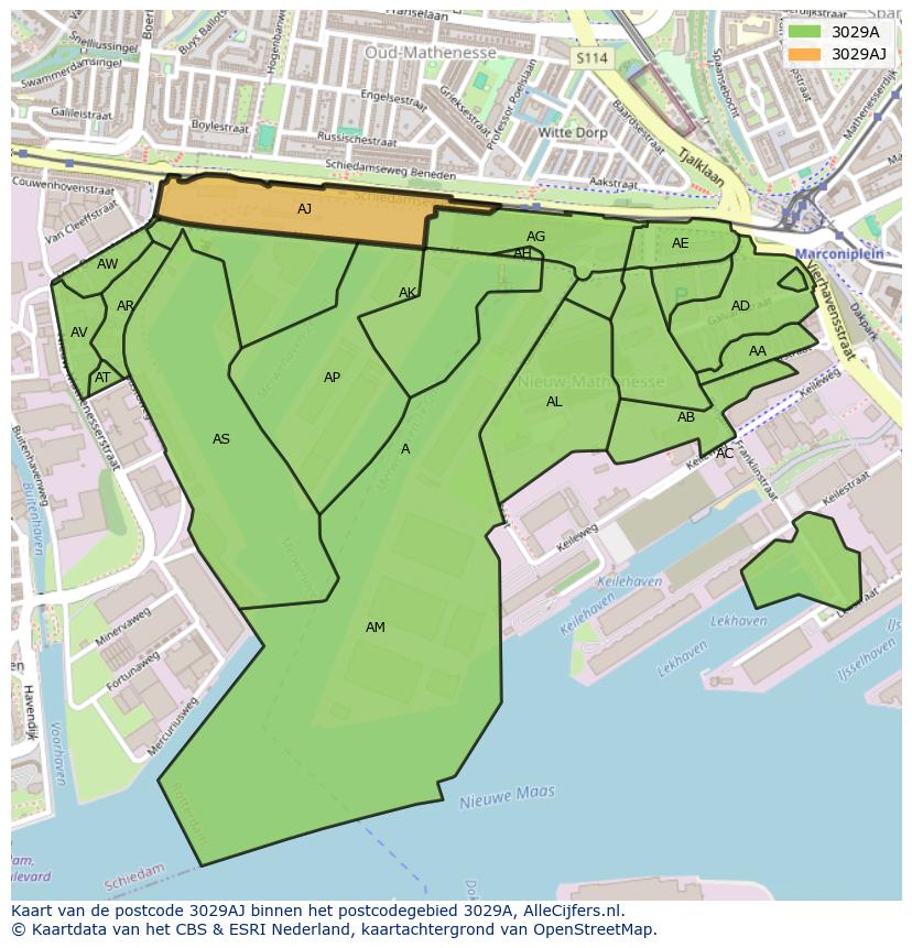 Afbeelding van het postcodegebied 3029 AJ op de kaart.
