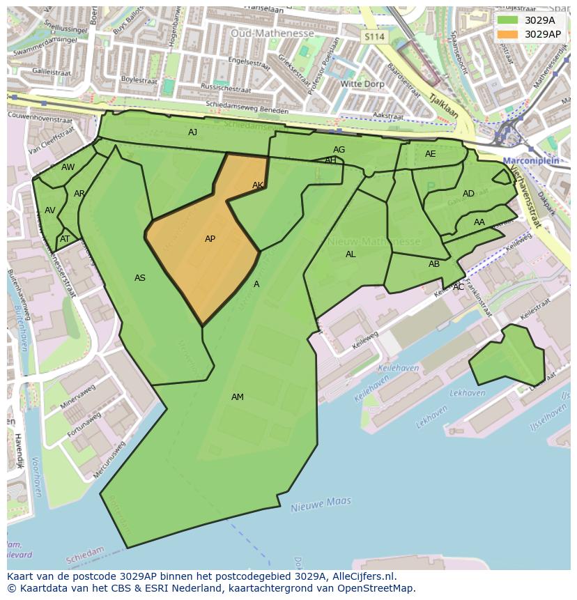 Afbeelding van het postcodegebied 3029 AP op de kaart.