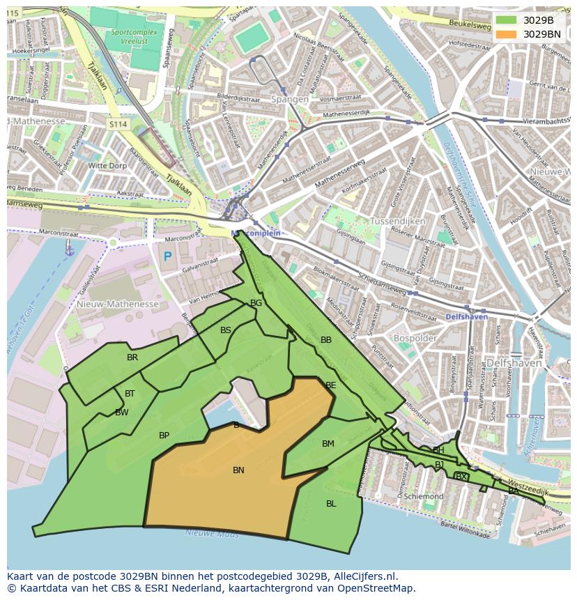 Afbeelding van het postcodegebied 3029 BN op de kaart.