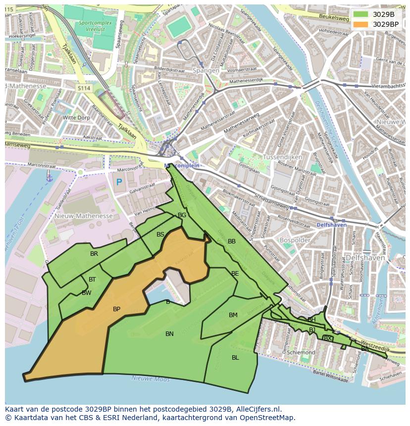 Afbeelding van het postcodegebied 3029 BP op de kaart.