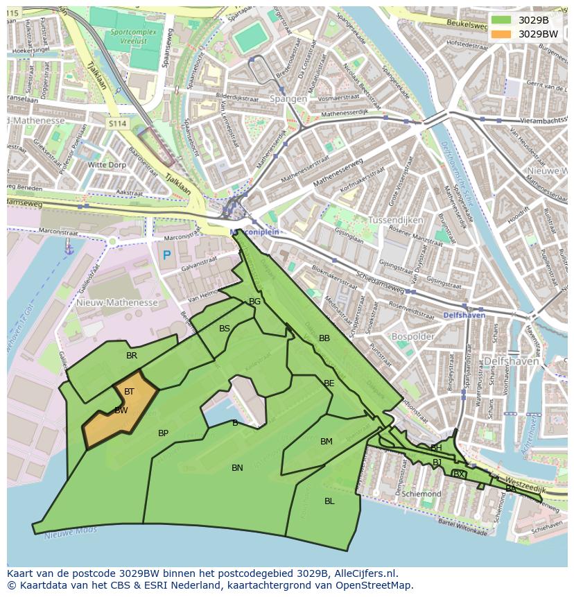 Afbeelding van het postcodegebied 3029 BW op de kaart.