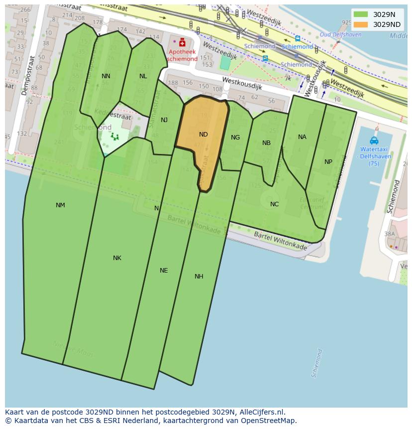 Afbeelding van het postcodegebied 3029 ND op de kaart.