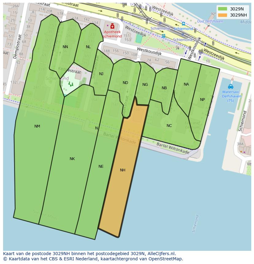 Afbeelding van het postcodegebied 3029 NH op de kaart.