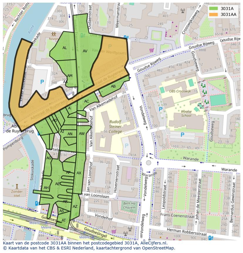 Afbeelding van het postcodegebied 3031 AA op de kaart.