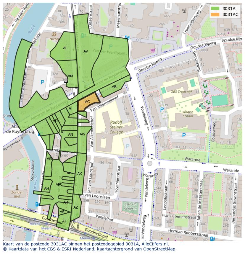 Afbeelding van het postcodegebied 3031 AC op de kaart.