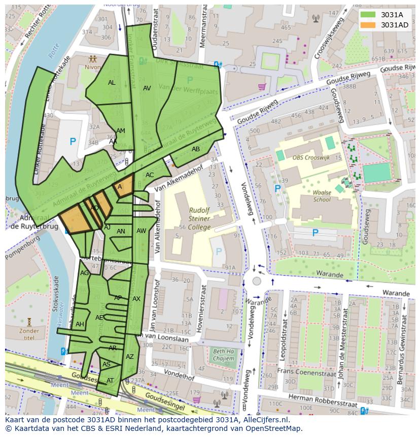 Afbeelding van het postcodegebied 3031 AD op de kaart.
