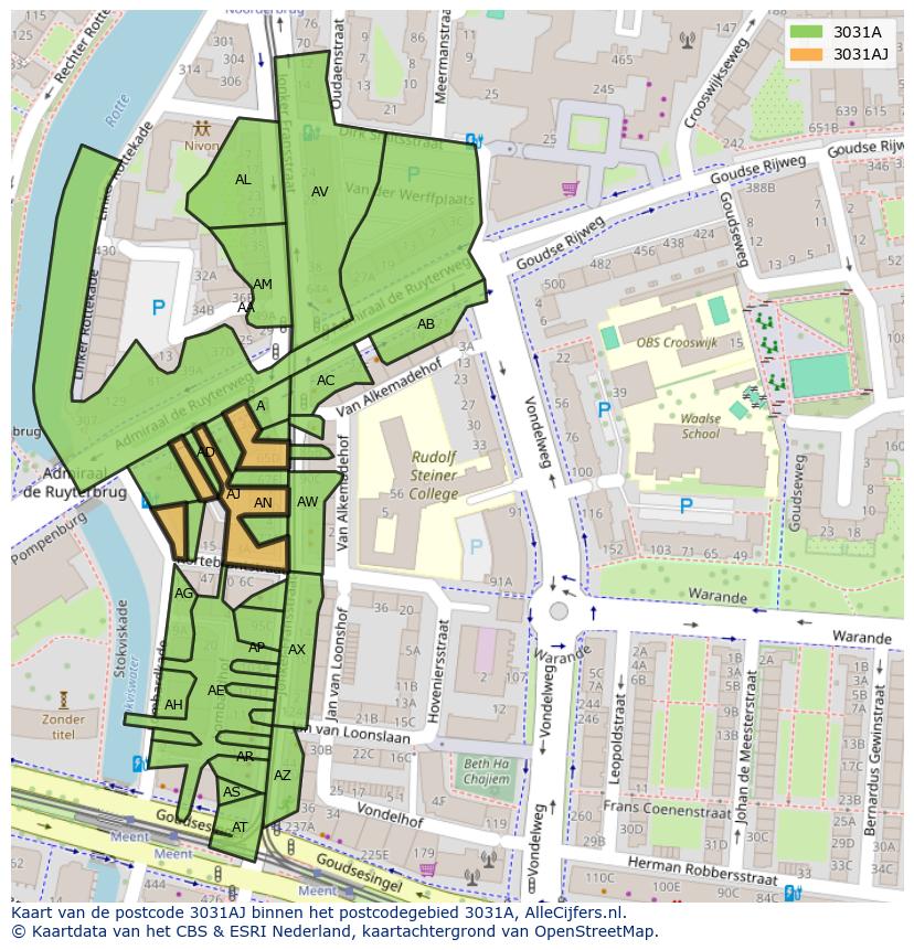 Afbeelding van het postcodegebied 3031 AJ op de kaart.