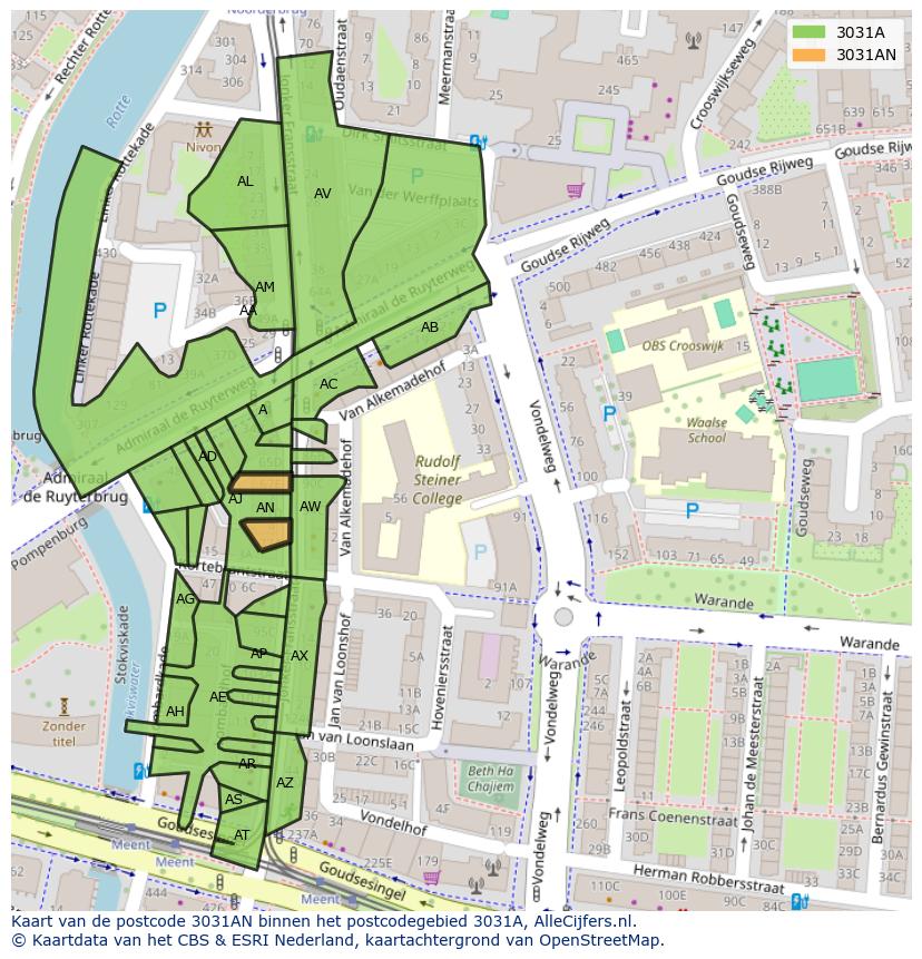Afbeelding van het postcodegebied 3031 AN op de kaart.