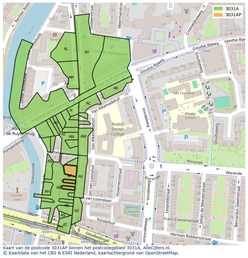 Afbeelding van het postcodegebied 3031 AP op de kaart.