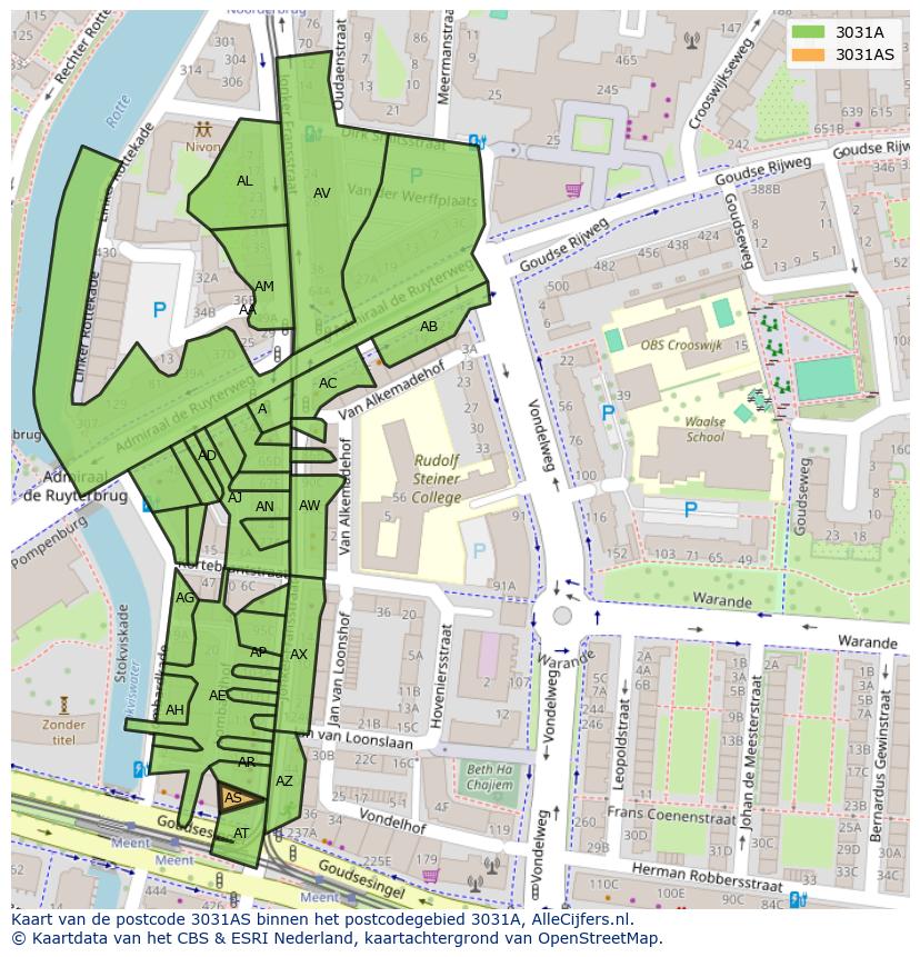 Afbeelding van het postcodegebied 3031 AS op de kaart.