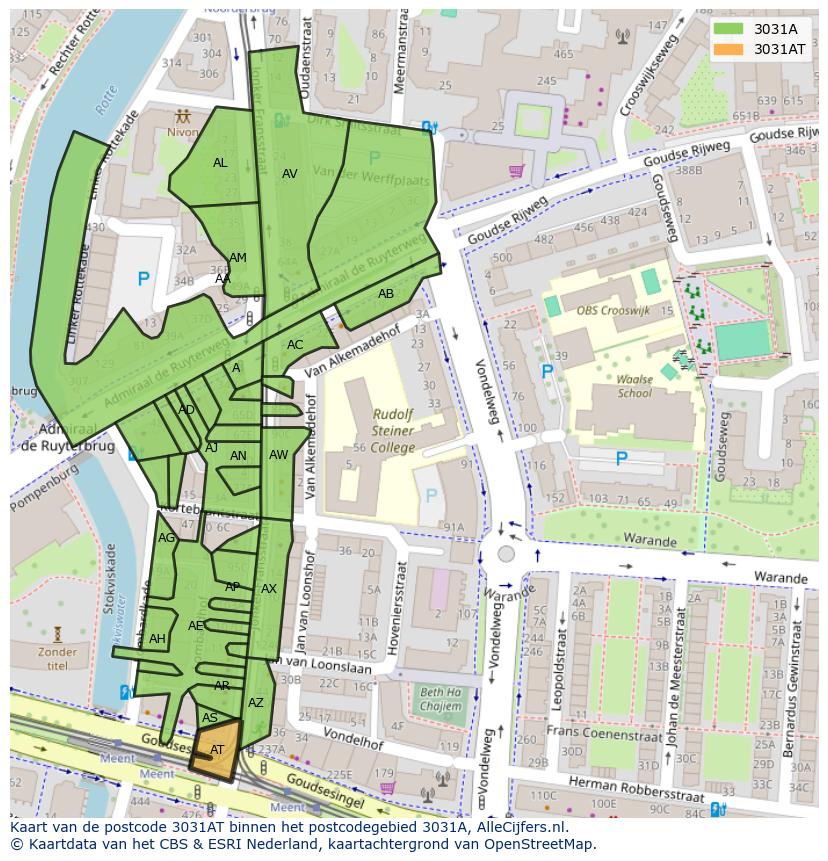 Afbeelding van het postcodegebied 3031 AT op de kaart.