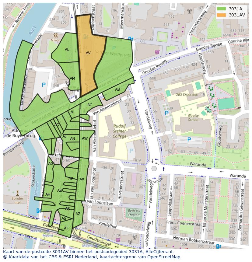 Afbeelding van het postcodegebied 3031 AV op de kaart.