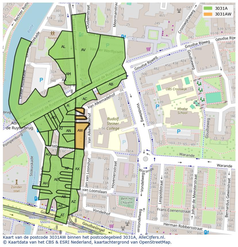 Afbeelding van het postcodegebied 3031 AW op de kaart.
