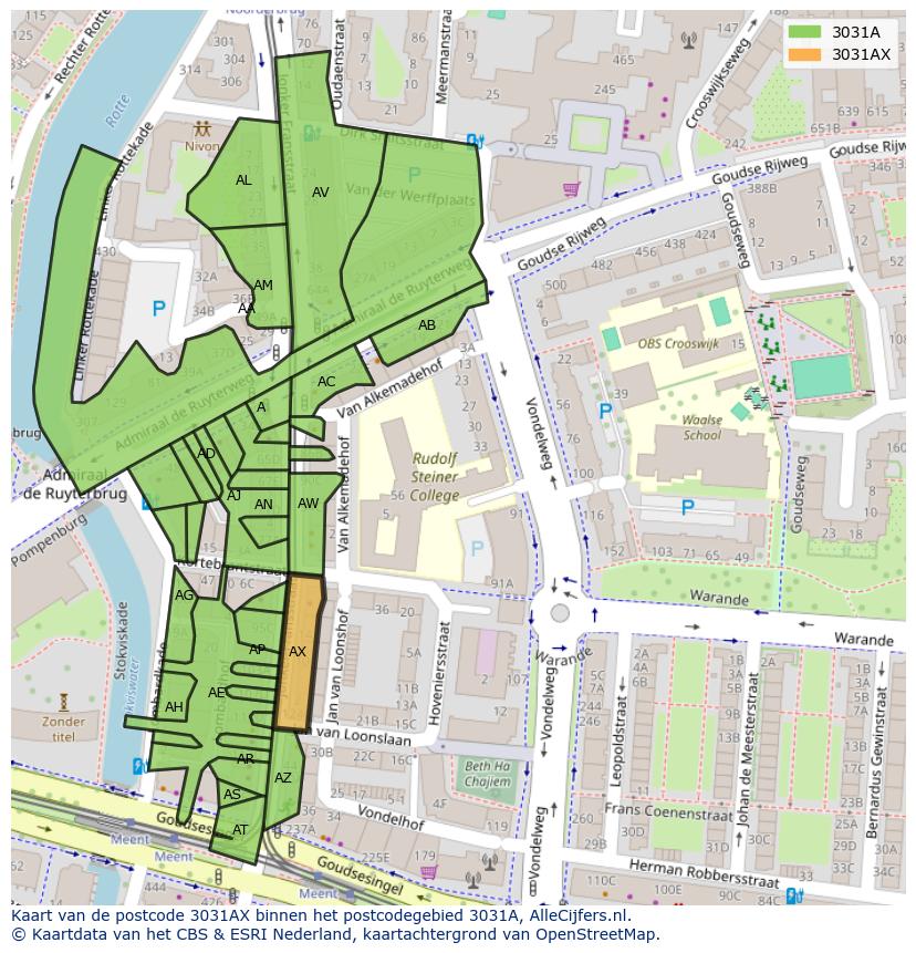 Afbeelding van het postcodegebied 3031 AX op de kaart.