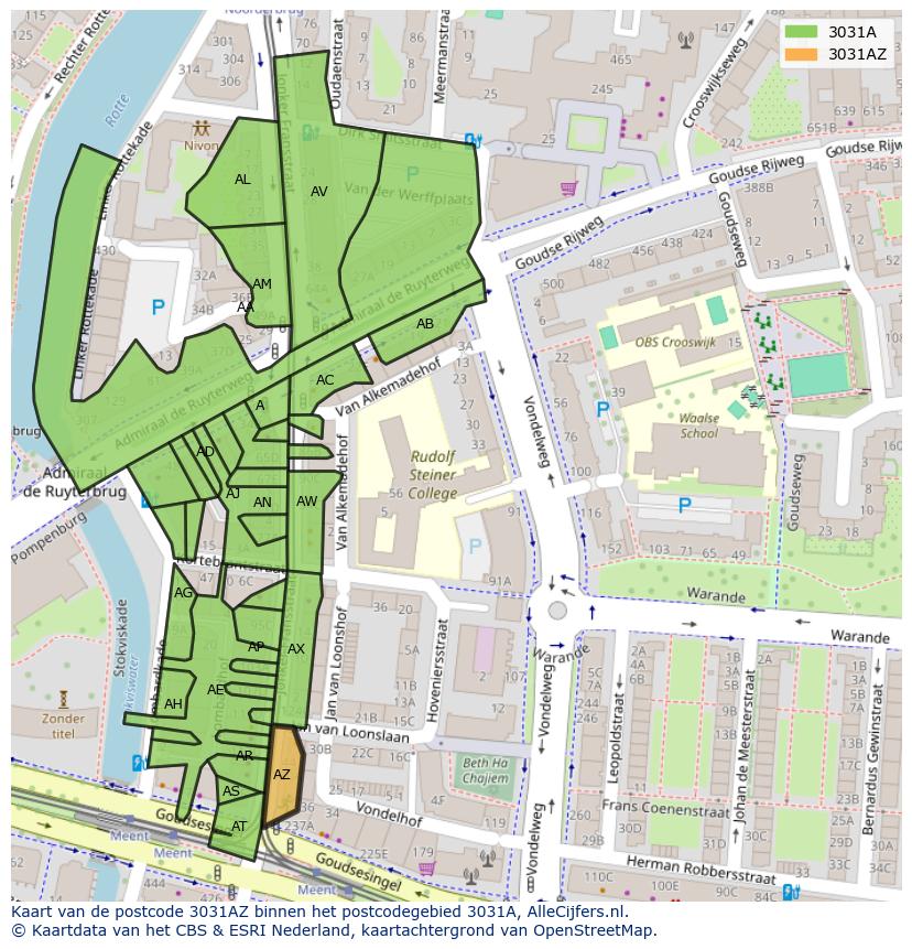 Afbeelding van het postcodegebied 3031 AZ op de kaart.