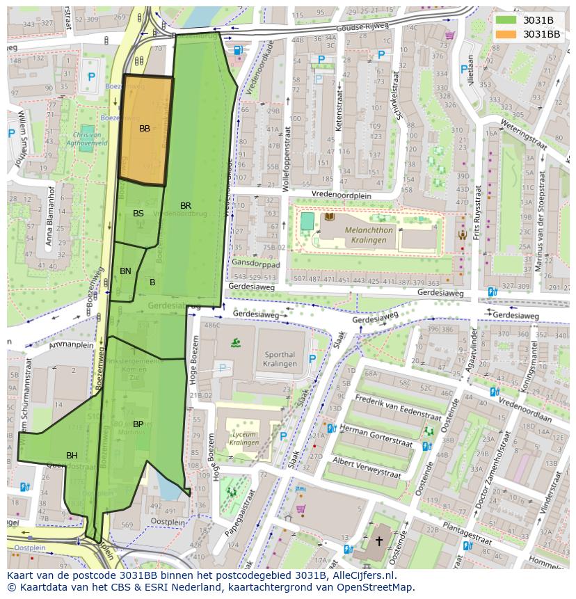 Afbeelding van het postcodegebied 3031 BB op de kaart.