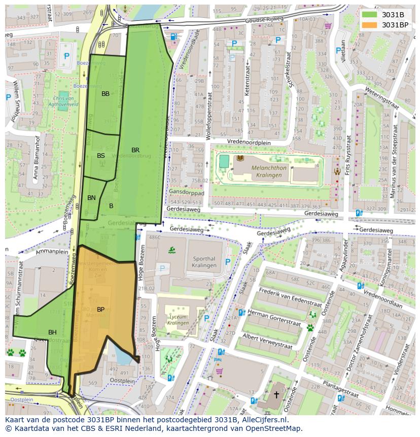 Afbeelding van het postcodegebied 3031 BP op de kaart.