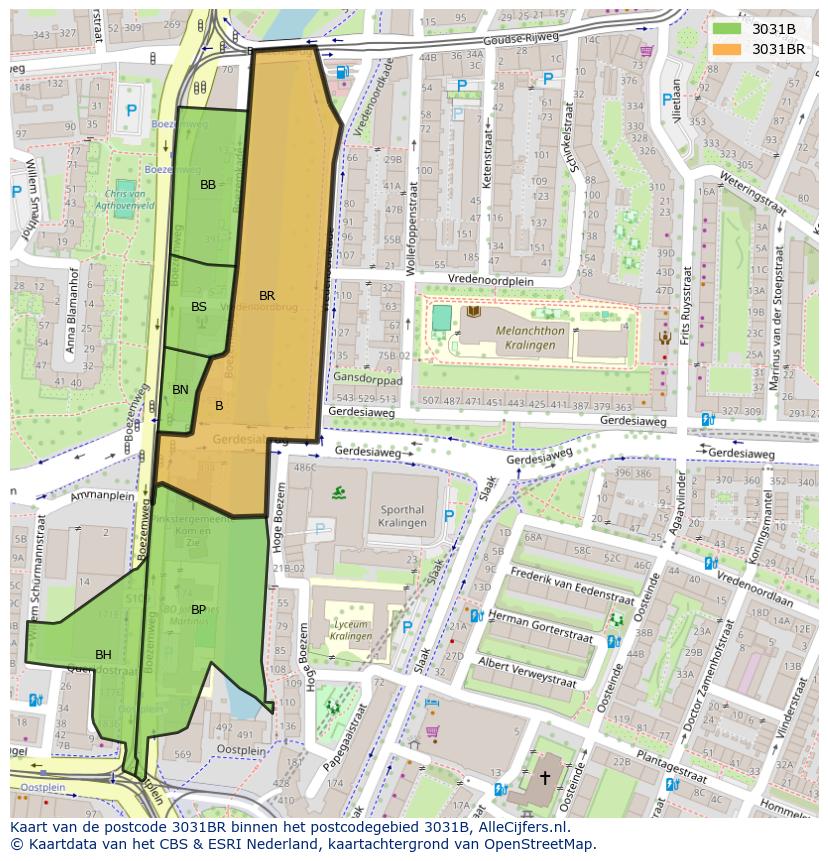 Afbeelding van het postcodegebied 3031 BR op de kaart.
