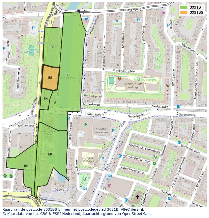 Afbeelding van het postcodegebied 3031 BS op de kaart.