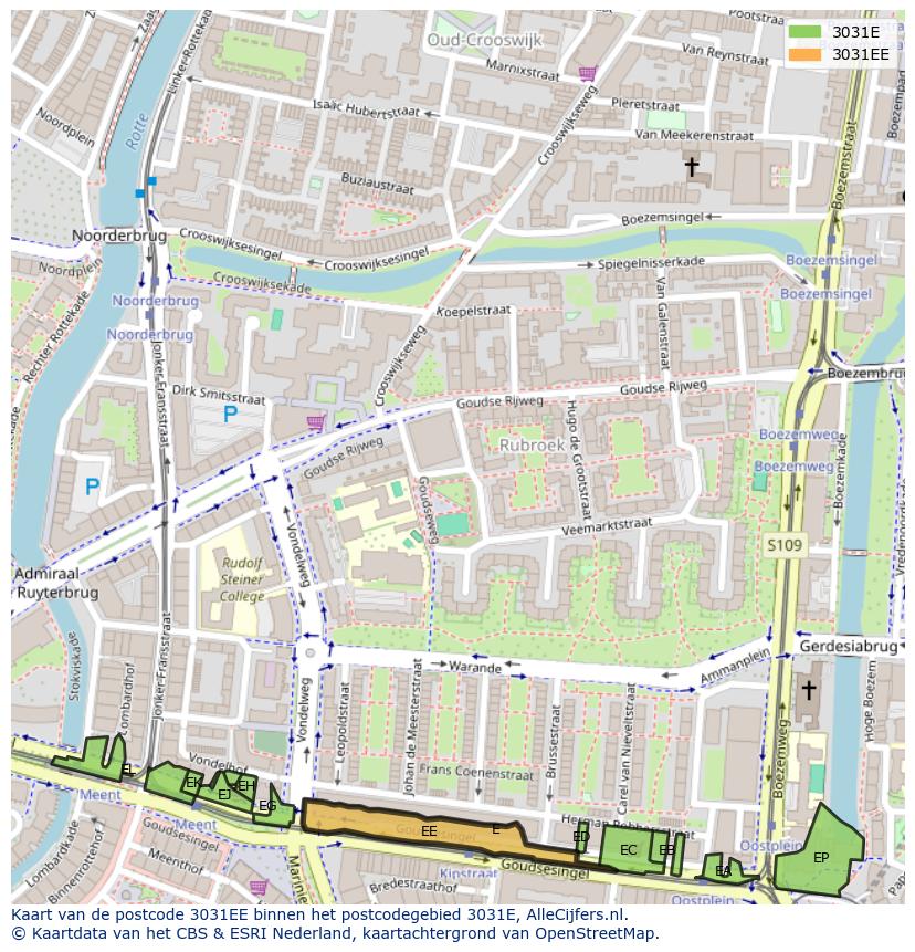 Afbeelding van het postcodegebied 3031 EE op de kaart.