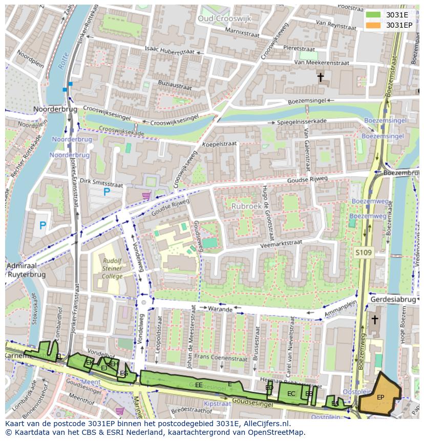 Afbeelding van het postcodegebied 3031 EP op de kaart.