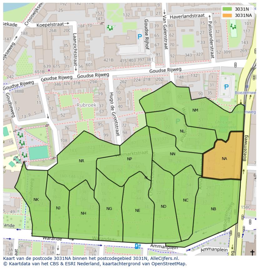 Afbeelding van het postcodegebied 3031 NA op de kaart.